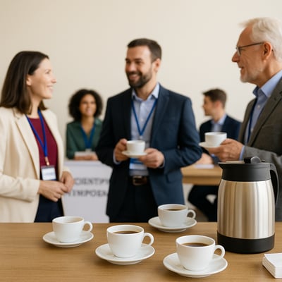Event attendees networking with coffee