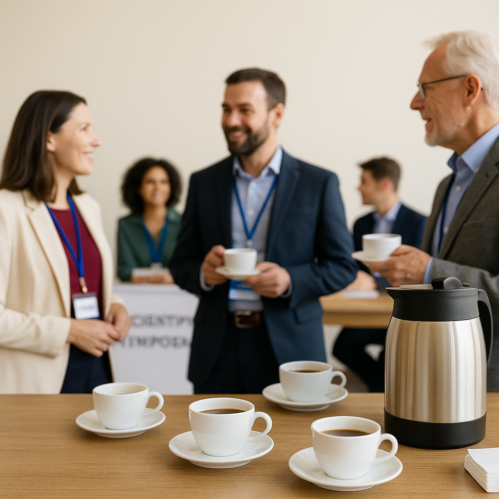 Event attendees networking with coffee